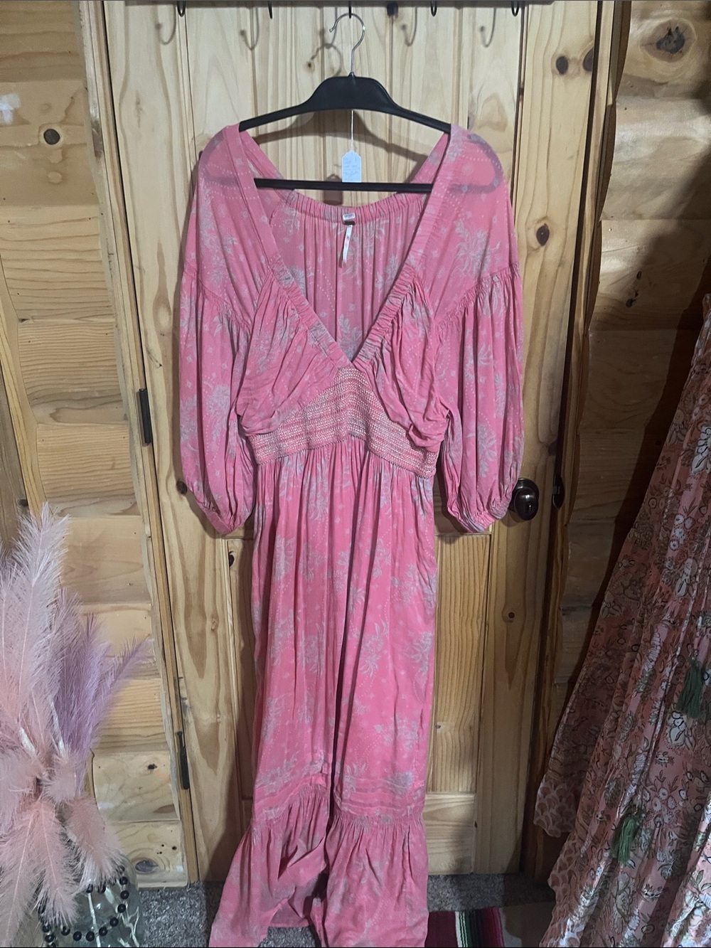 Free People Gold Hour Pink Floral V-Neck Smocked Maxi Dress - Picture 4 of 5